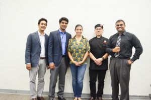 From left: Purav Patel – Bagel Dots, Masroor Fatany – The Halal Guys, Ana Rojas Bastidas – TiE Houston Executive Director, Gary Yan – Alings Hakka, and Ravi Brahmbatt – TiE Houston Board Member/ HCC Faculty.